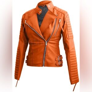 NWT [Leather Skin] Asymmetrical Orange Moto Quilted Faux Leather Jacket Womens M